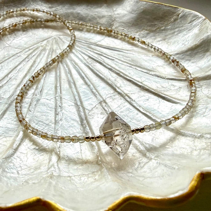 Golden Seeker Of Light Herkimer Diamond & Rutilated Quartz Necklace