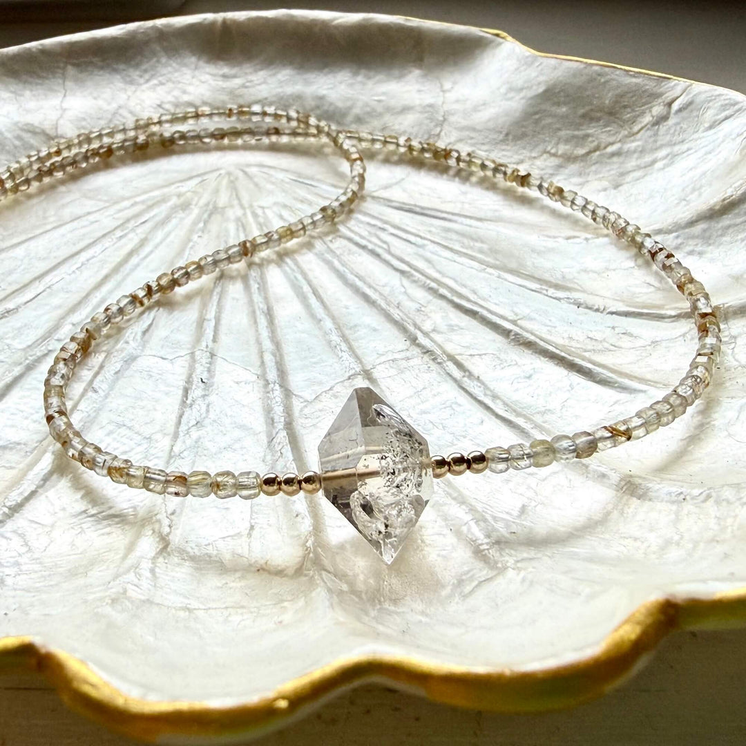 Golden Seeker Of Light Herkimer Diamond & Rutilated Quartz Necklace