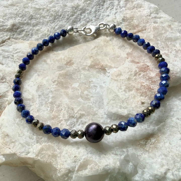 Lapis Lazuli, Pyrite & Black Pearl Bracelet