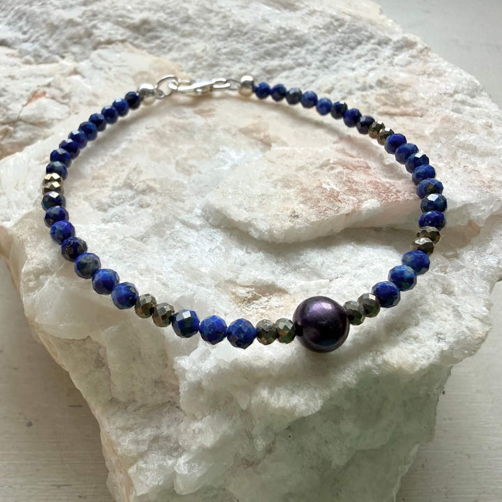 Lapis Lazuli, Pyrite & Black Pearl Bracelet