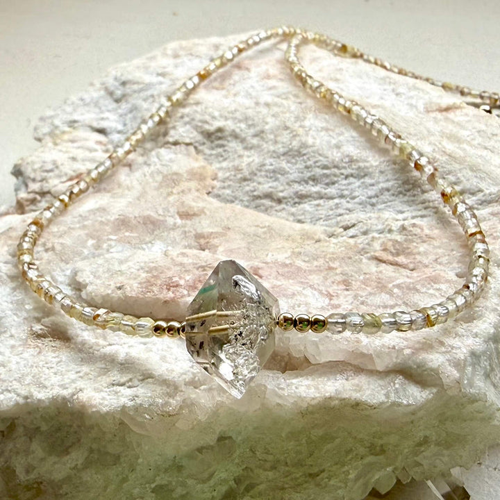 Golden Seeker Of Light Herkimer Diamond & Rutilated Quartz Necklace