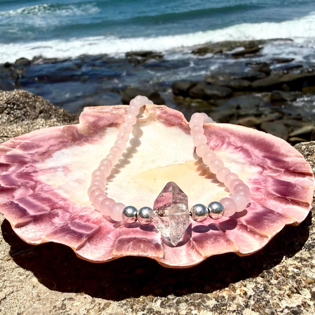 Rose Quartz and Herkimer Diamond Heart Purpose One Of A Kind Necklace