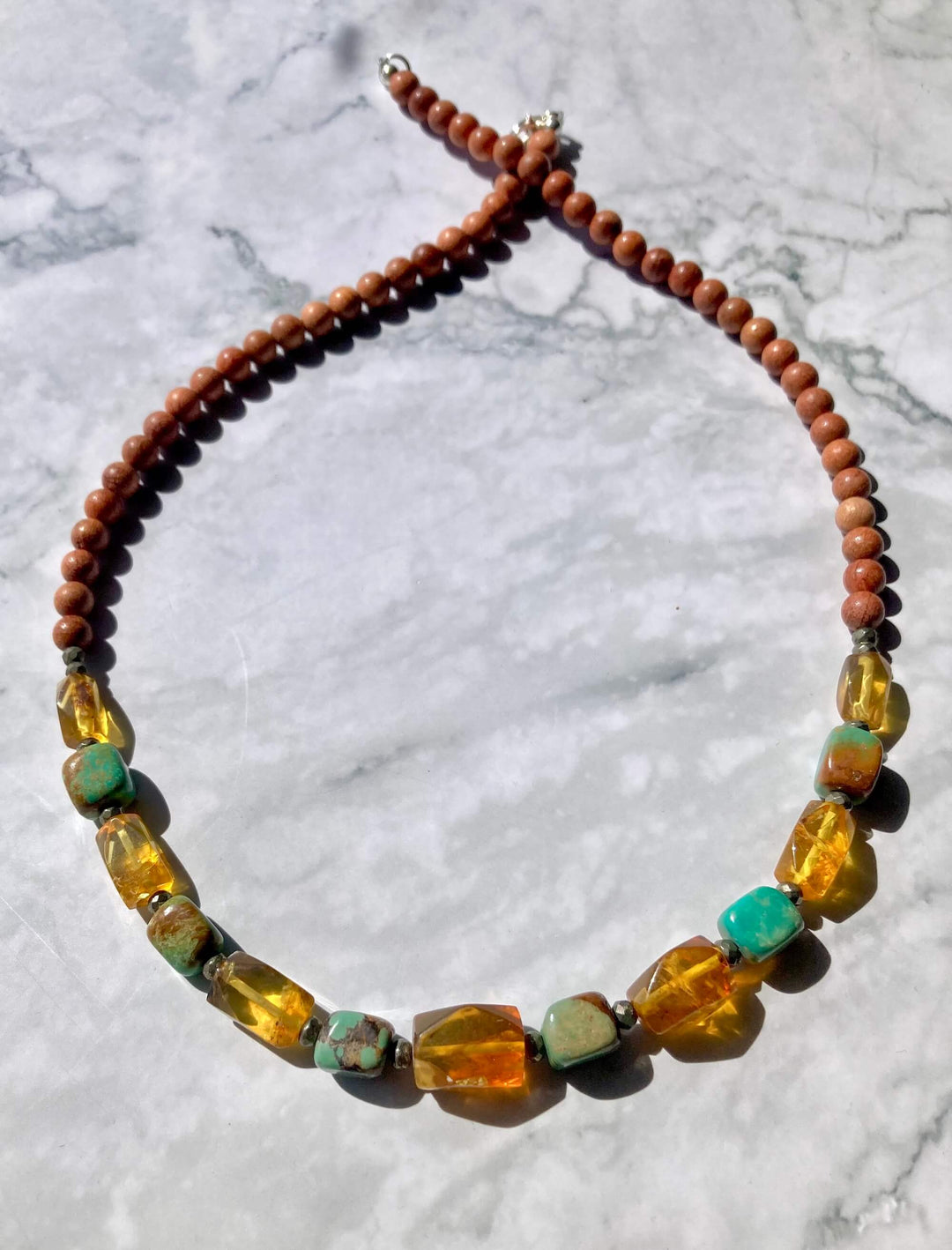 Amber and Turquoise Necklace with Natural Wood