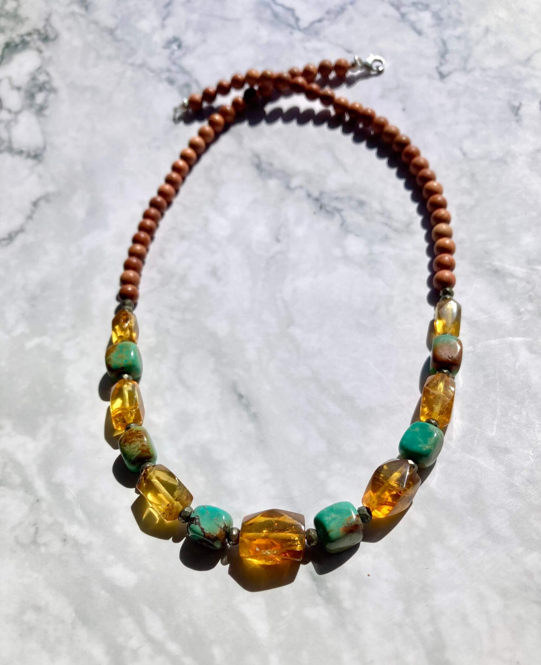 Amber and Turquoise Necklace with Natural Wood