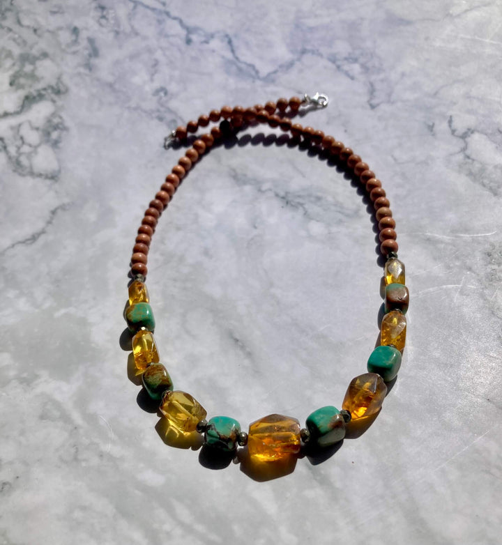 Amber and Turquoise Necklace with Natural Wood