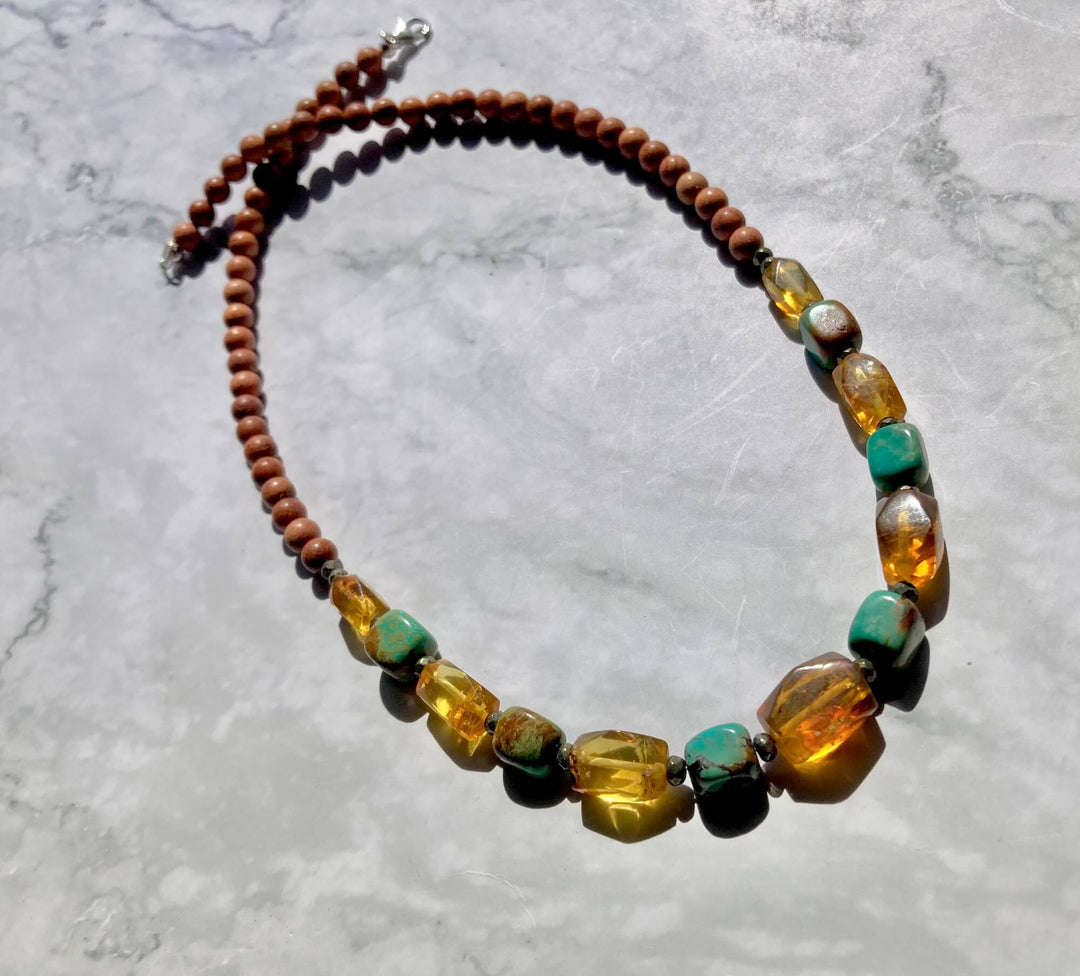 Amber and Turquoise Necklace with Natural Wood