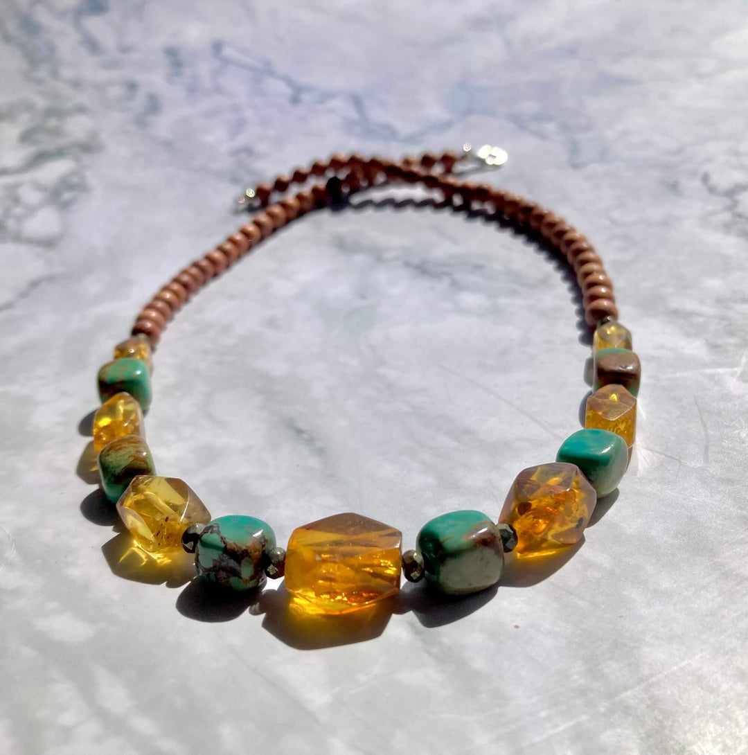 Amber and Turquoise Necklace with Natural Wood