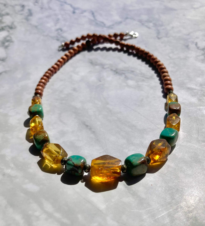 Amber and Turquoise Necklace with Natural Wood