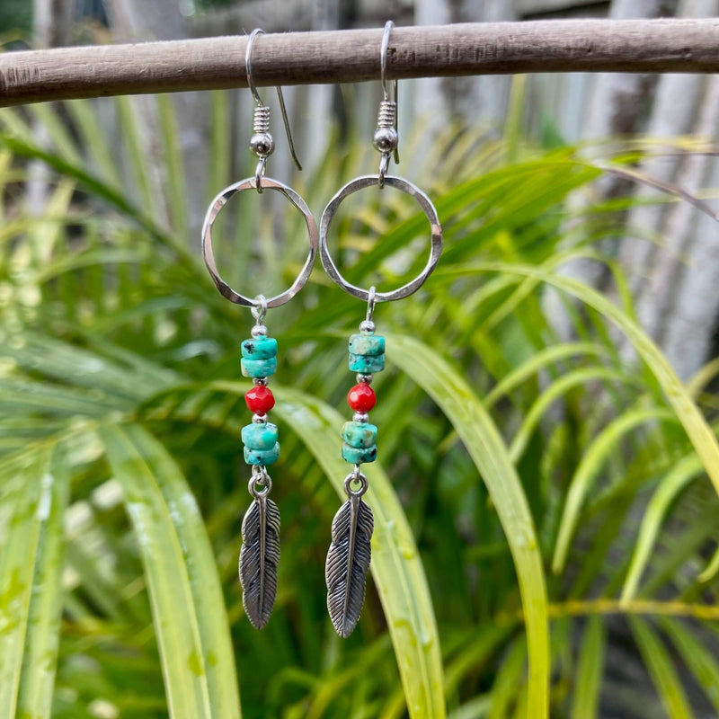 African Turquoise & Red Coral Feather Pendant Earrings