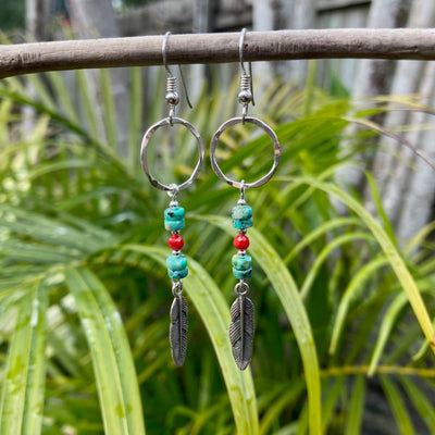 African Turquoise & Red Coral Feather Pendant Earrings