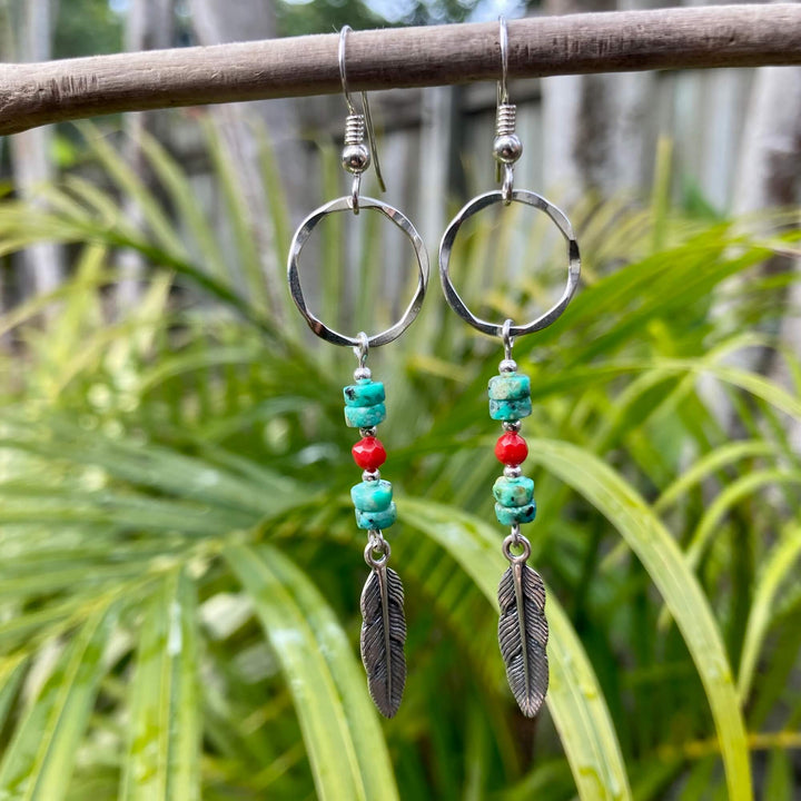 African Turquoise & Red Coral Feather Pendant Earrings