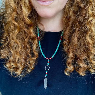 African Turquoise & Red Coral Feather Pendant Necklace