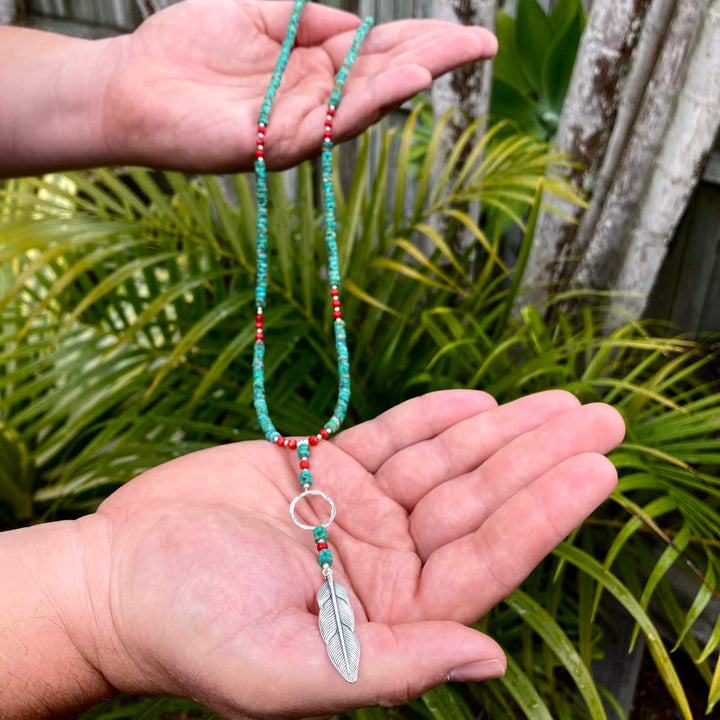 African Turquoise & Red Coral Feather Pendant Necklace