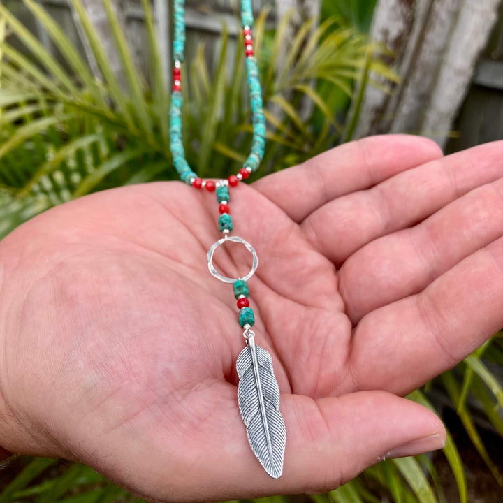 African Turquoise & Red Coral Feather Pendant Necklace