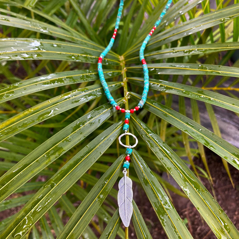 African Turquoise & Red Coral Feather Pendant Necklace