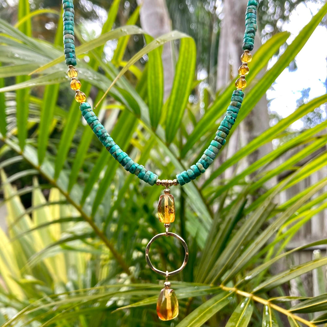 African Turquoise & Amber Gold Pendant Necklace