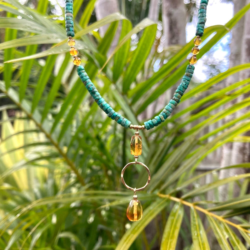 African Turquoise & Amber Gold Pendant Necklace