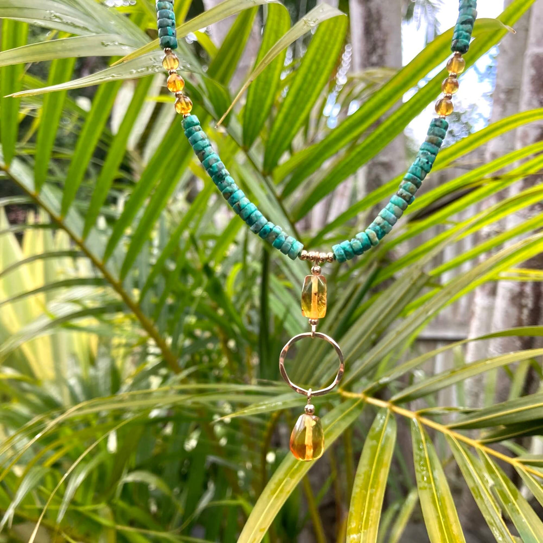 African Turquoise & Amber Gold Pendant Necklace