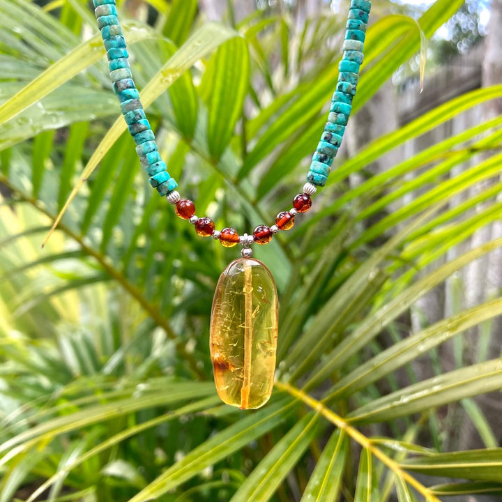 African Turquoise & Amber Pendant Necklace