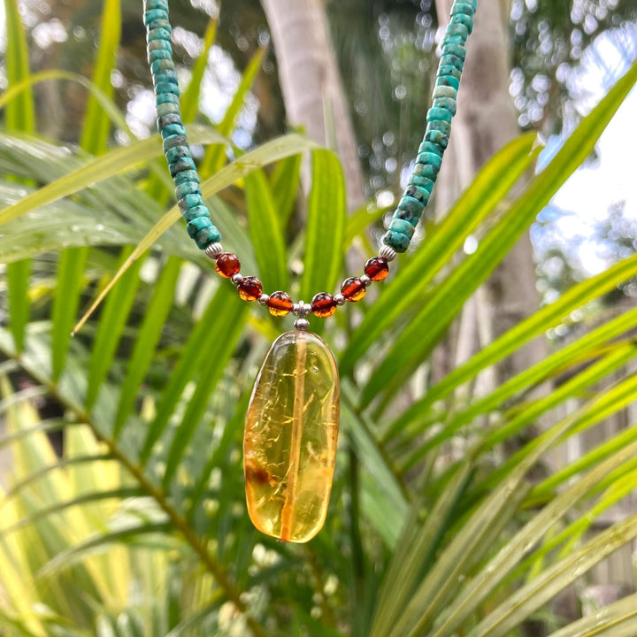 African Turquoise & Amber Pendant Necklace