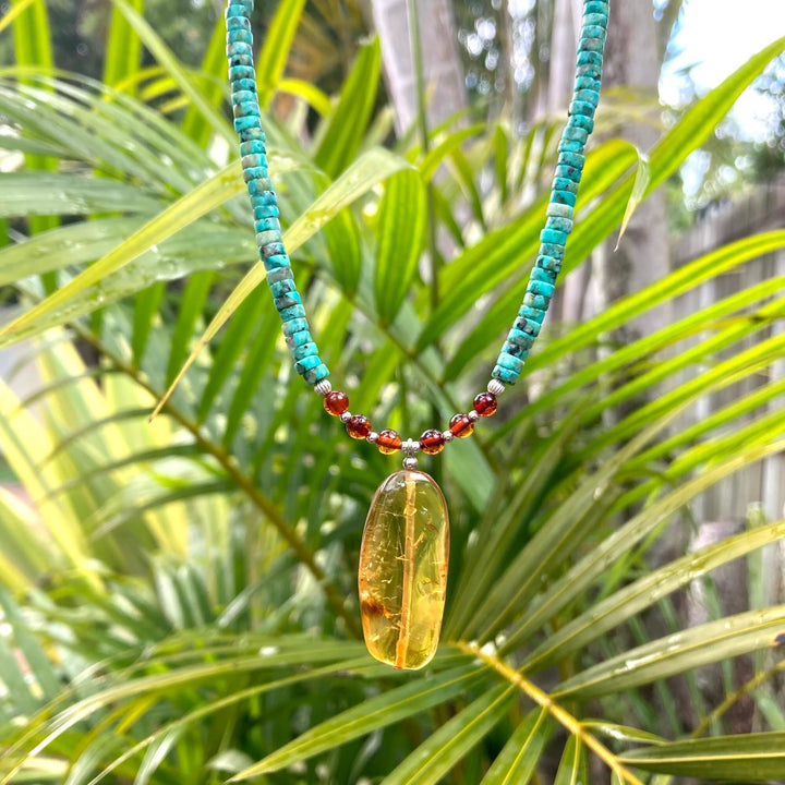 African Turquoise & Amber Pendant Necklace