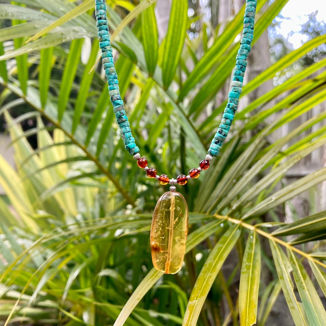 African Turquoise & Amber Pendant Necklace