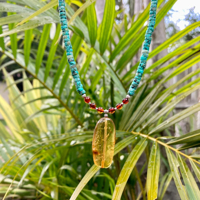 African Turquoise & Amber Pendant Necklace