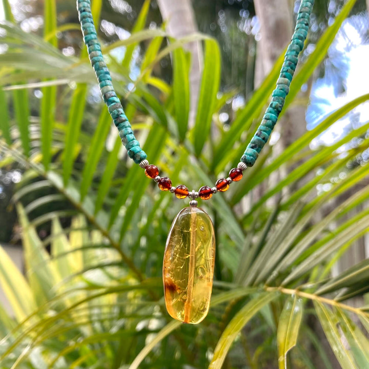 African Turquoise & Amber Pendant Necklace