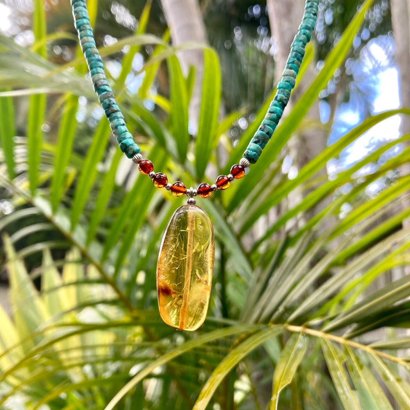 African Turquoise & Amber Pendant Necklace