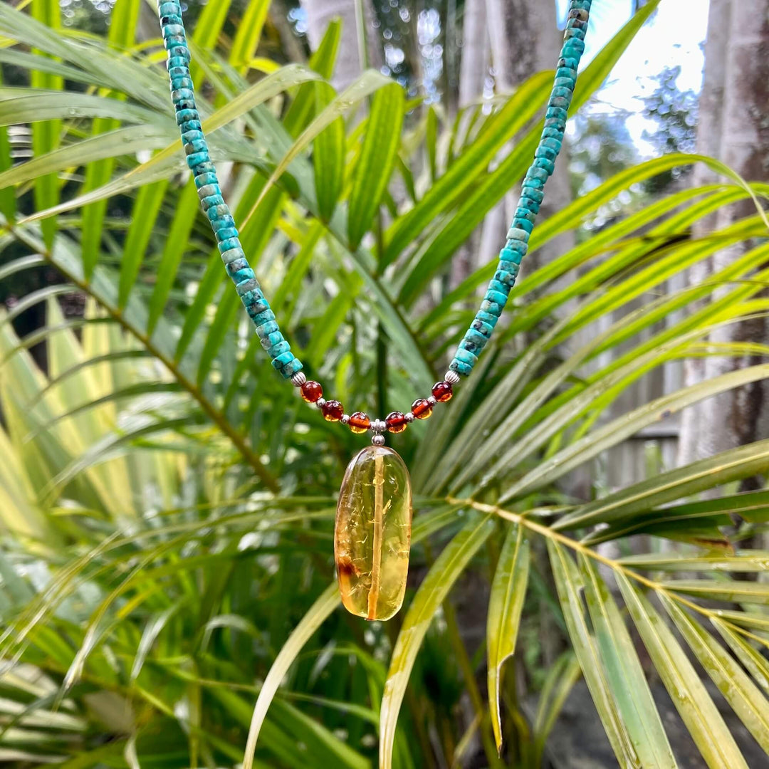 African Turquoise & Amber Pendant Necklace