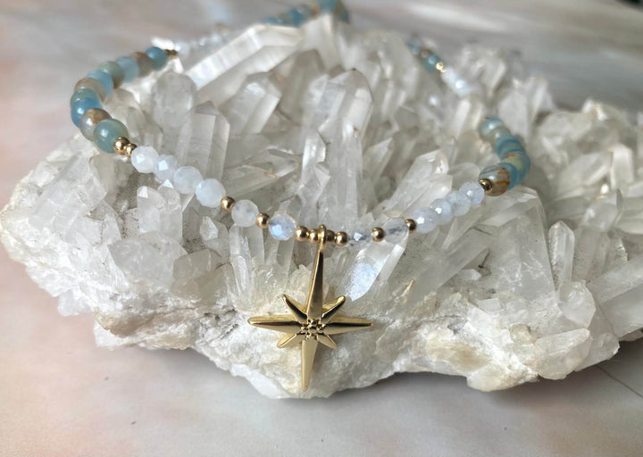 True North Lemurian Aquatine Calcite & Moonstone Gold Necklace