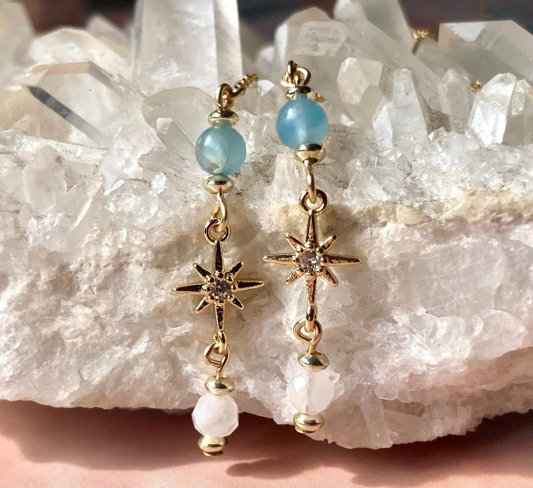 True North Lemurian Aquatine Calcite & Moonstone Gold Earrings