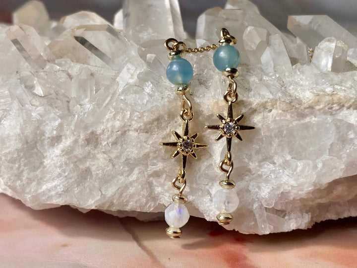 True North Lemurian Aquatine Calcite & Moonstone Gold Earrings