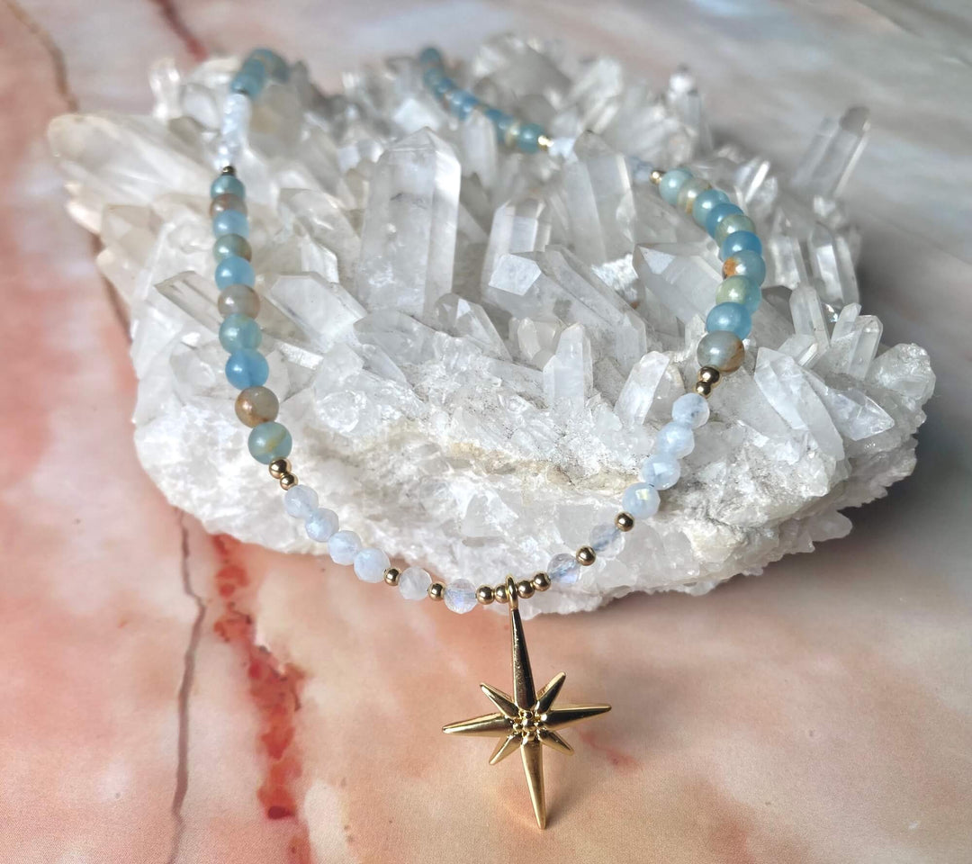 True North Lemurian Aquatine Calcite & Moonstone Gold Necklace