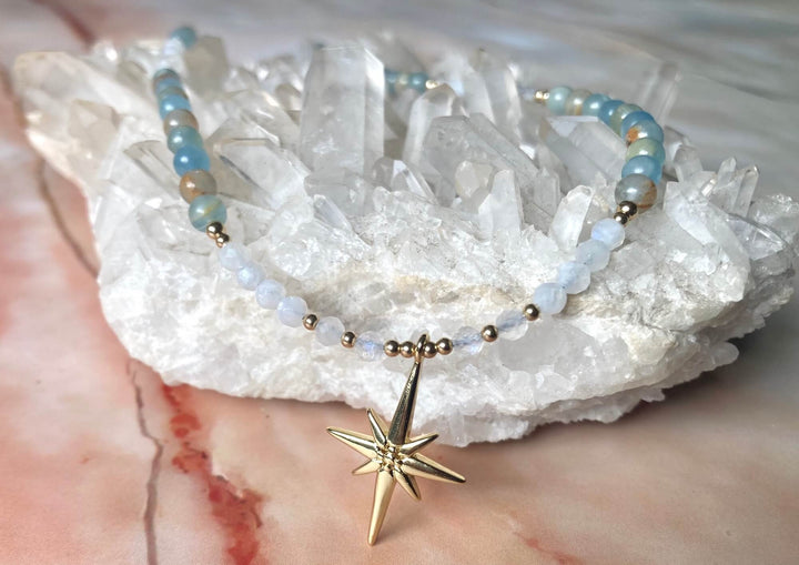 True North Lemurian Aquatine Calcite & Moonstone Gold Necklace