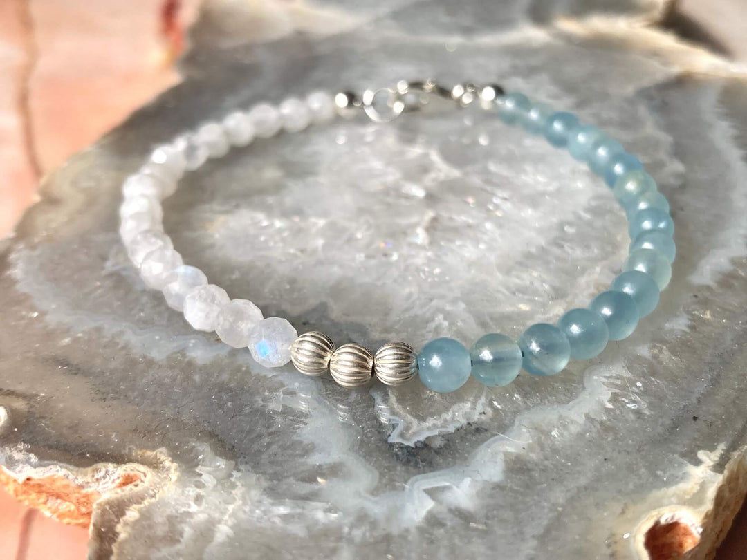 True North Lemurian Aquatine Calcite & Moonstone Silver Bracelet