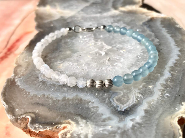 True North Lemurian Aquatine Calcite & Moonstone Silver Bracelet