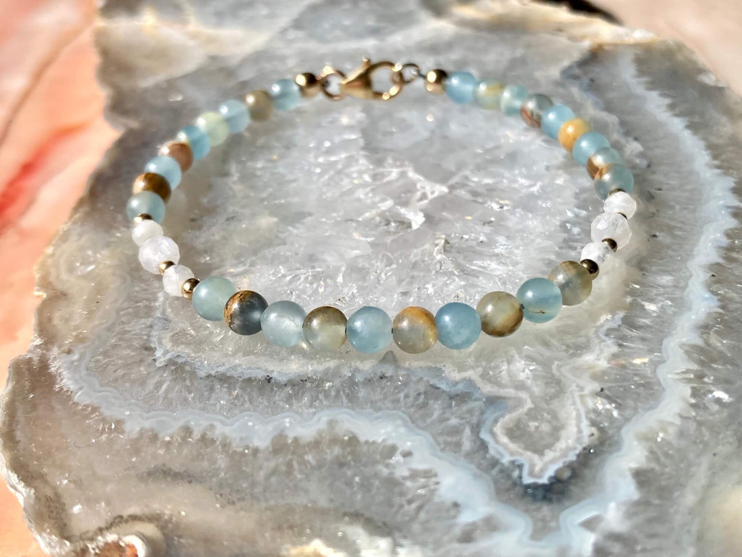 True North Lemurian Aquatine Calcite & Moonstone Gold Bracelet