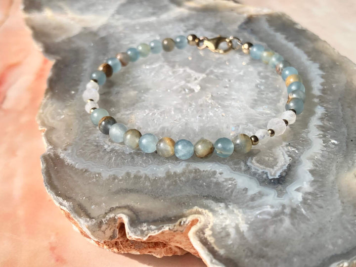 True North Lemurian Aquatine Calcite & Moonstone Gold Bracelet