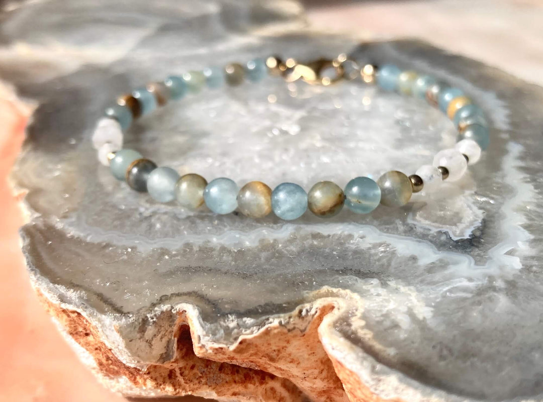 True North Lemurian Aquatine Calcite & Moonstone Gold Bracelet