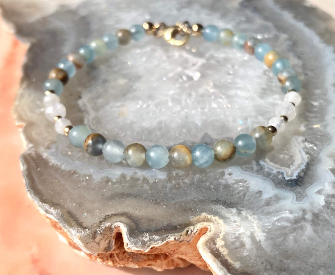 True North Lemurian Aquatine Calcite & Moonstone Gold Bracelet