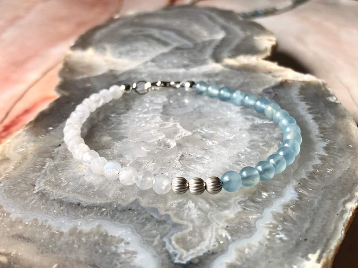 True North Lemurian Aquatine Calcite & Moonstone Silver Bracelet