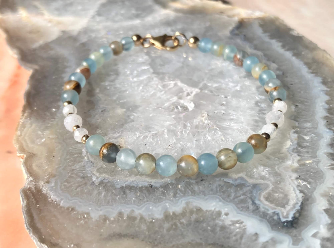 True North Lemurian Aquatine Calcite & Moonstone Gold Bracelet