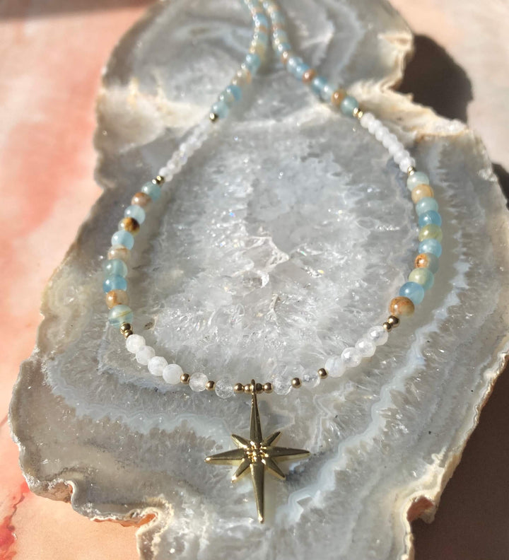 True North Lemurian Aquatine Calcite & Moonstone Gold Necklace