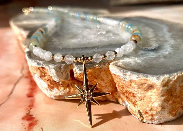 True North Lemurian Aquatine Calcite & Moonstone Gold Necklace