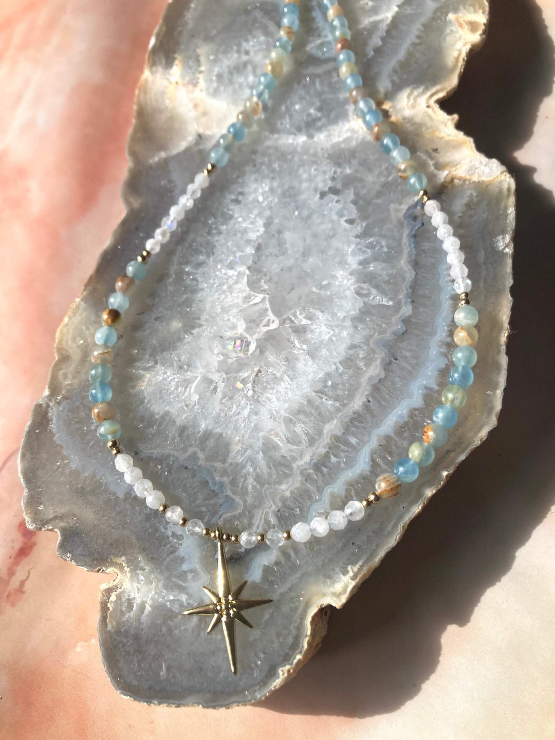 True North Lemurian Aquatine Calcite & Moonstone Gold Necklace