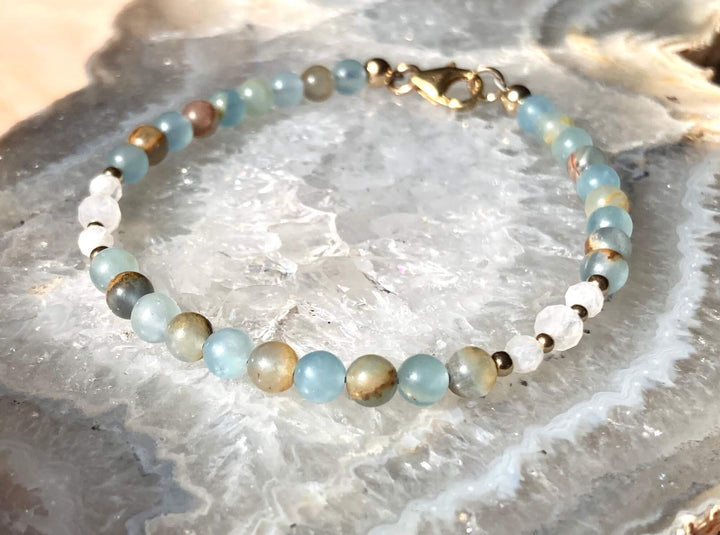 True North Lemurian Aquatine Calcite & Moonstone Gold Bracelet