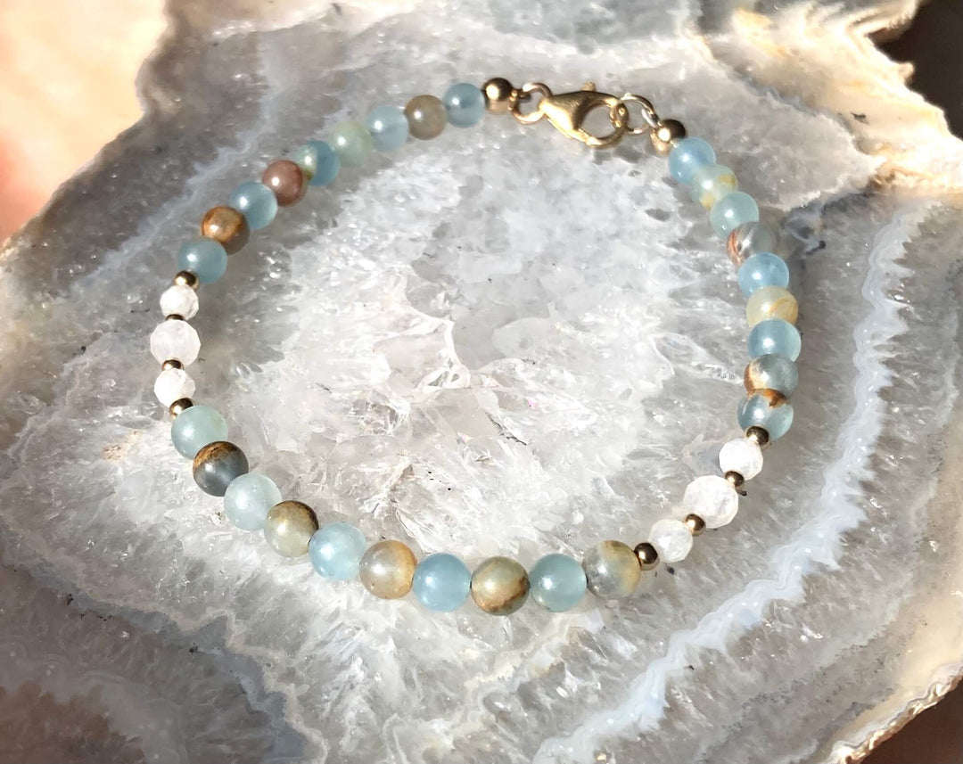 True North Lemurian Aquatine Calcite & Moonstone Gold Bracelet