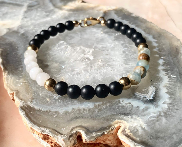 True North Lemurian Aquatine Calcite, Black Onyx & Moonstone Men's Gold Bracelet