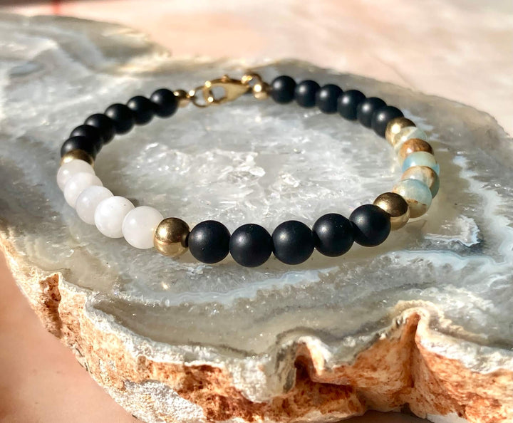 True North Lemurian Aquatine Calcite, Black Onyx & Moonstone Men's Gold Bracelet